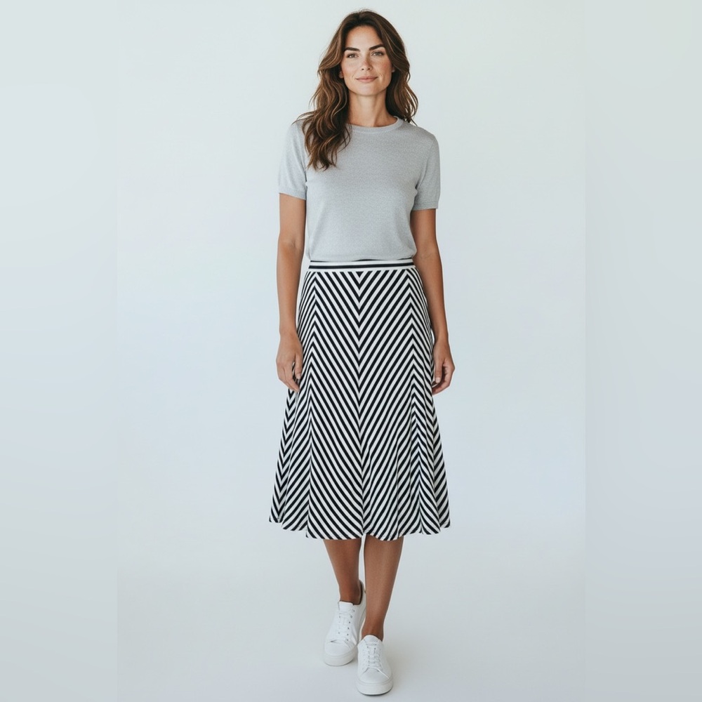 NWT Michael by Michael Kors A-Line Silk Midi Skirt Size 8 Black & White Striped